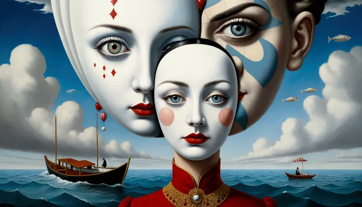 A close up portrait of elegant female humpty with pale white face with eyes looking straight at you. Also a harlequin lady sitting in a boat cuddling a big eyed fish on choppy sea scape by René Magritte. More surrealism and madness. Much more surrealism an...