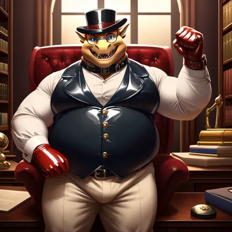 Solo, Male, fat, extremely obese, gentleman, dapper Professor Dragon, mob boss, blue eyes, (posing:1.3), (soft shading), 4k, hi res, ((detailed face, detailed)), looking at viewer, mouth wide open, dapper clothing, collared shirt with buttons, bowler hat, ...