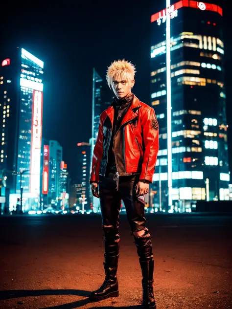 portrait, neon, 1 man, shonen style, spiky blonde hair, scratches on cheeks, black and red clothing, leather jacket, jeans, boots, bandana with leaf symbol, perfect eyes, cool, red eyes, full body sxspack, color --name Naruto Uzumaki --night background cit...