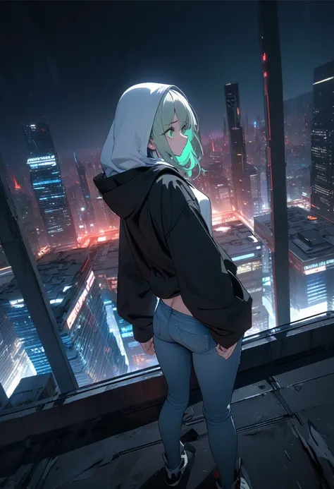 ((Best quality, 8K, masterpiece:1.3)), anime style, full body, a fallen hero turned assassin standing on the rooftop of a skyscraper in a neon-lit night city, (looking into the distance with despair:1.4), wearing a black youthful hoodie with a hood partial...