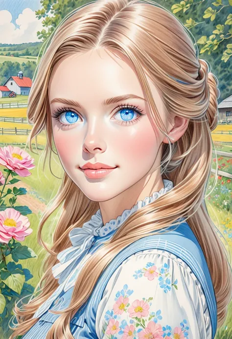 A colored pencil sketch of a beautiful swedish farm wife. crystal blue eyes. rosy complexion.
