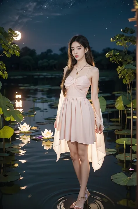 (((best quality))),(((ultra detailed))),(((masterpiece))),illustration,((1 beautiful young  girl,solo)),((slim,thin)),(shoulder length straight hair:1.2),((earrings,necklace)),((small breasts,flat chest)),(pink dress:1.3),((slender legs,high heels)),(besid...