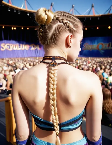 adolescent, 17 yr old, seminua, blond hair, face perfect, braids, necklace, garter, athletic body, Waist slender, perfect ass, cirque du soleil at background, location usa
