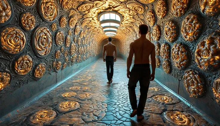 handsome hunk naked men from behind,male focus,oiled skin,lookin viewer, ((a infinite:twisted corridor)),fractal patterns,mandel...