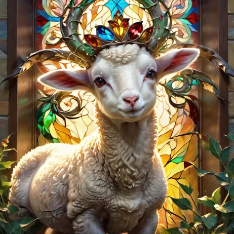 (best quality, 4k, 8k, high resolution, masterpiece: 1.2), ultra detailed, (realistic, photorealistic, photorealistic: 1.37), colorful stained glass, figure of a lamb in the center; the lamb is lying on its right side; he has his head up; There is a crown ...