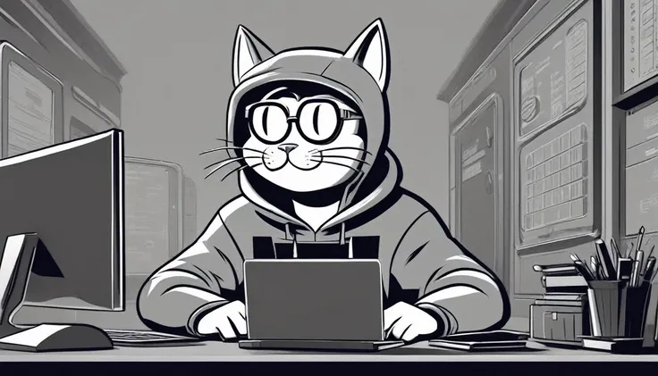 Generate an image in the style of a 1950s and 1960s advertisement featuring: personagem: cat (like the vault boy) with a hoodie like a hacker and circular glasses in front of a computer. The background should be simple and uncluttered. Use only this cores:...