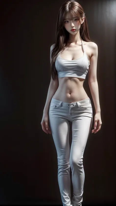 (she is standing,model posing:1.3),,(Full body,watching at Viewer:1.3),,1 Japanese female, (The real face of a 30 year old),Shy Smile,,,,,(white bra top, tight jeans:1.3),,,,,,,,,(Slender Body,Flat Breasts,gigantic hips:1.6),(long Hair,Wavy Hair, Brown hai...