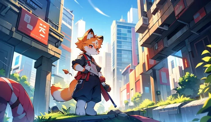 Red Panda Boy,8k resolution,Furry,          Uniform attire,Red collar,feetは二つ,feetで立つ！                   towering,lanky,lanky,：slim body,：tall hands,feet,Its bright outside,Collapsed City,building,broken,・split arms,・bad anatomy,・bad body,City of Hills,rai...