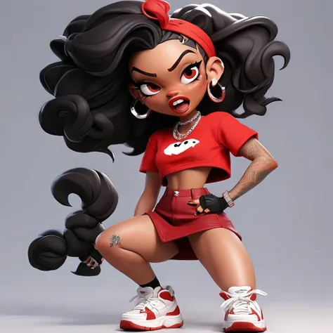 Cute 3D character, a angry light skin woman in a red cropped t - shirt and a black purse, y2k style, thick body, thick hips, black long straight hair , wearing a sexy cropped tops, diamond grillz on teeth, red hair band, black short skirt, doja cat, wearin...