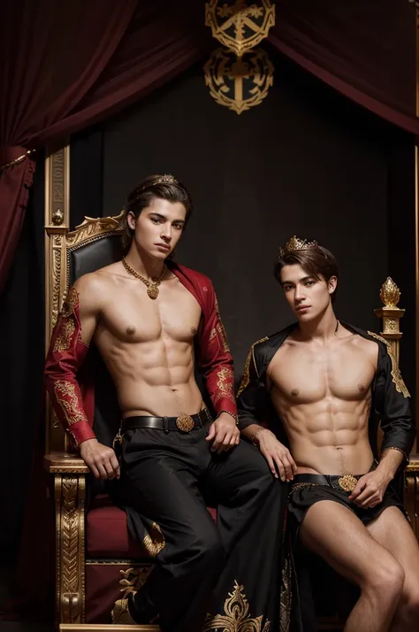 Impeccably detailed image in black, red and shades of gold, photo with graphic heraldry art elements. Harmonious body of a young man sitting on a throne we see the hips, two young men with beautiful bodies on both sides of him holding a crown over his head...