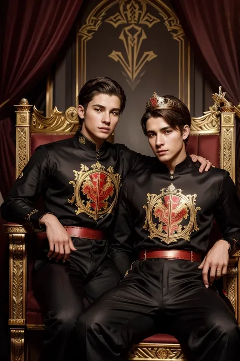 Impeccably detailed image in black, red and shades of gold, photo with graphic heraldry art elements. Harmonious body of a young man sitting on a throne we see the hips, two young men with beautiful bodies on both sides of him holding a crown over his head...