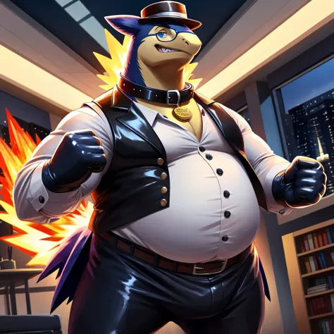 Solo, Male, fat, extremely obese, gentleman, dapper Professor Typhlosion, mob boss, blue eyes, (posing:1.3), (soft shading), 4k, hi res, ((detailed face, detailed)), looking at viewer, mouth wide open, dapper clothing, collared shirt with buttons, bowler h...