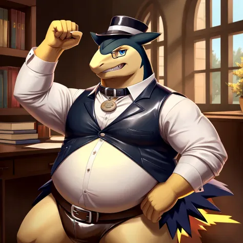 Solo, Male, fat, extremely obese, gentleman, dapper Professor Typhlosion, mob boss, blue eyes, (posing:1.3), (soft shading), 4k, hi res, ((detailed face, detailed)), looking at viewer, mouth wide open, dapper clothing, collared shirt with buttons, bowler h...