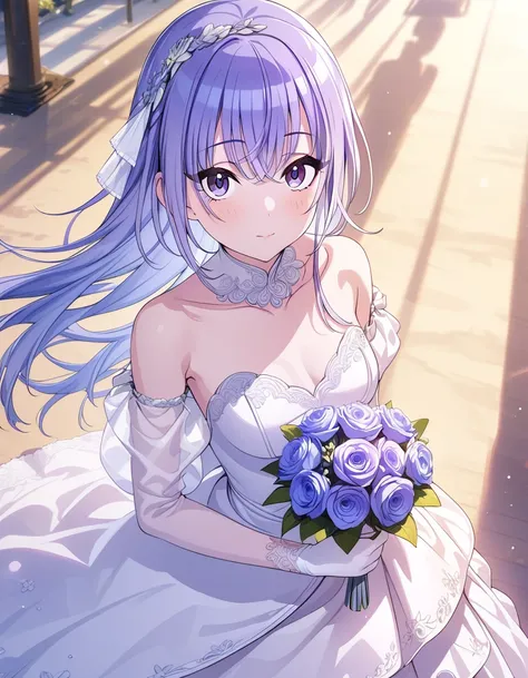 (masterpiece),(best quality),(ultra-detailed),(best illustration),(best shadow),(absurdres),(detailed background),(very aesthetic), 1girl, solo, hana suzuki, long hair, purple eyes, purple hair, wedding dress, closed mouth, holding blue flower ,