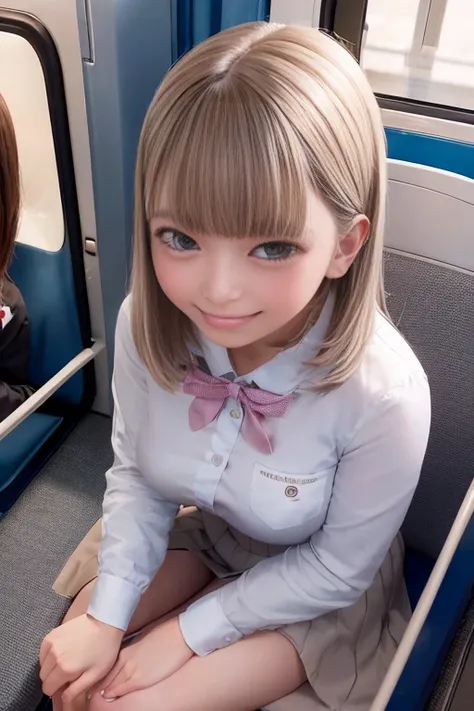 high school girl、uniform、Commuting to school、Inside the train、Sitting in a seat、1 girl、Bob Hair、Silver Hair、Medium breast、Smiling and looking up、Smile and stare、View from above、Highest quality、masterpiece:1.3、Raw photo、