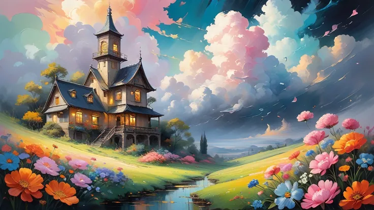 (((Diverse styles))), Detailed Scene, A quirky twist, Unique visuals, cloud, And flowers, Abstract, Surreal「Painted Light」, 「pastel colour, â€, 「Isolated Subjects, â€ âinnocent colours, Soft lighting, Dark Ink Shadow, Detailed and complex environment, ma...