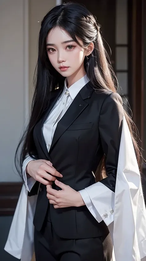 สาวสวยtwo meter long hair, long black hair, wear a suit, wear a suit over it., turn off all buttons., (เสื้อเชิ้ตwhite), (thai w...