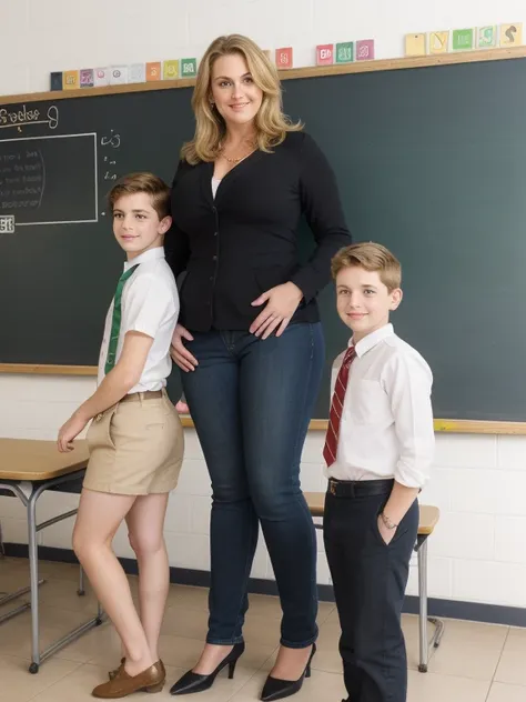 school, class, school desks, green board in the background, realistic photo, like a real one. as in the photo, ((milf teacher st...