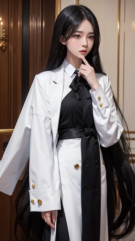 สาวสวยtwo meter long hair, long black hair, wear a suit, wear a suit over it., turn off all buttons., (เสื้อเชิ้ตwhite), (thai w...