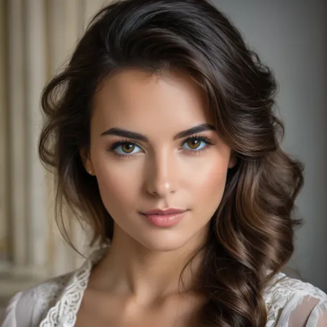 portrait photoréaliste d&#39;une jeune femme de 30 ans avec de longs cheveux bruns flottants et des yeux sombres saisissants. on...