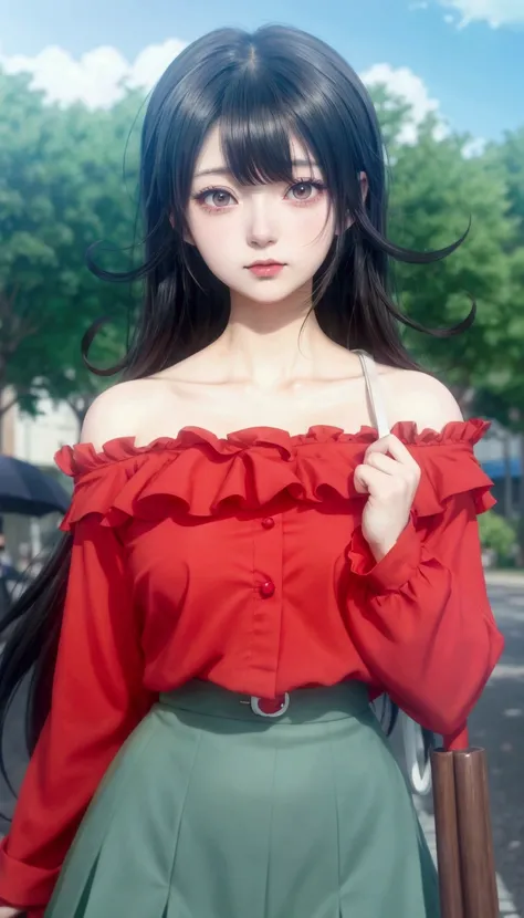 anime girl in red top and skirt holding umbrella in street, anime visual of a young woman, rin tohsaka, sui ishida with black hair, anime visual of a cute girl, junko enoshima, hinata hyuga, as an anime character, todays featured anime still, shuushuu anim...