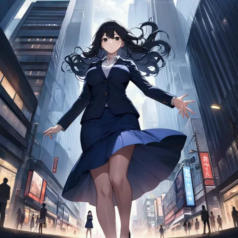 Giant Growth woman appears in the city, bigger than a building, 7:3 parting, semi-long, black hair, black eyes, Navy blazer, white shirt, Navy Tight Skirt, Black High Heels, low-angle