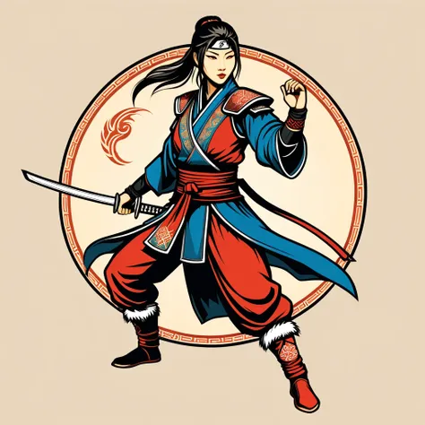 female ninja in mongolian folk outfit, vector graphics, strong contours, logo design
