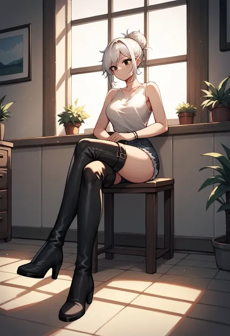 score_9, score_8_up, score_7_up, score_6_up, score_5_up, score_4_up, source_anime, 1woman, sit, white hair, hair bun, black eyes, crossed legs, messy hair, white shirt, jeans shorts, leather bracelet, thigh high boots, evening, windows, floor, pictures, ro...