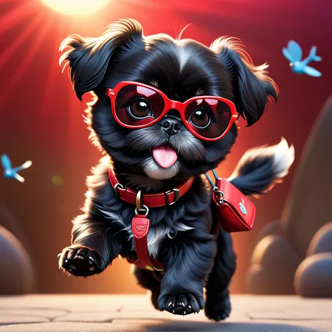 2 adorable small black shih tzu puppies, parachuting with red sunglasses, 3d cartoon, disney pixar style, cinematic lighting, photorealistic, 8k, highly detailed, soft focus, dynamic composition, vibrant colors, whimsical, charming, cute, playful