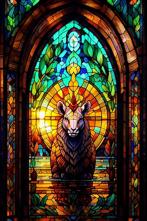 (best quality, 4k, 8k, high resolution, masterpiece: 1.2), ultra detailed, (realistic, photorealistic, photorealistic: 1.37), colorful stained glass, figure of a lamb in the center; the lamb is lying on its right side; he has his head up; There is a crown ...