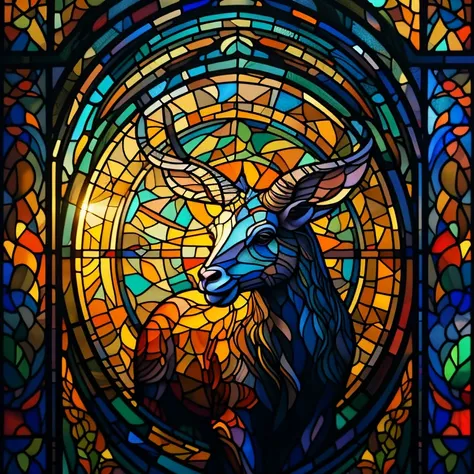 (best quality, 4k, 8k, high resolution, masterpiece: 1.2), ultra detailed, (realistic, photorealistic, photorealistic: 1.37), colorful stained glass, figure of a lamb in the center; the lamb is lying on its right side; he has his head up; There is a crown ...