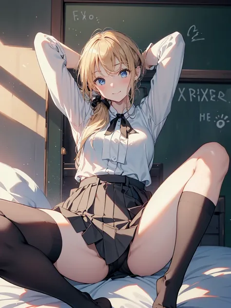 nsfw,High resolution、High resolution、high quality、masterpiece、1 female、Ellen Baker、School classmates、18-year-old、high school girl、Slim and long beautiful legs、skinny、blonde、blue eyes、Bedroom、Lying on the bed、((open legs:1.5)),Spread your legs wide、Knee Up、...