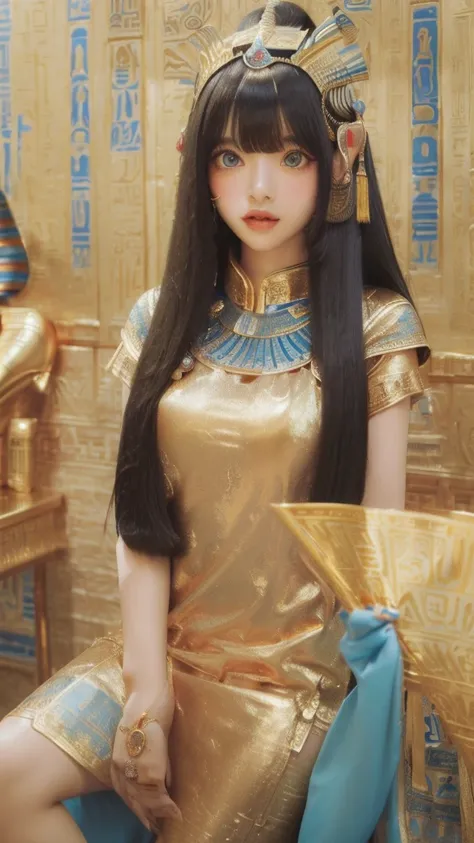 korean female as a beautiful queen cleopatra egyptian woman, beautiful green eyes, seducing smile, provocative pose, (glossy egy...