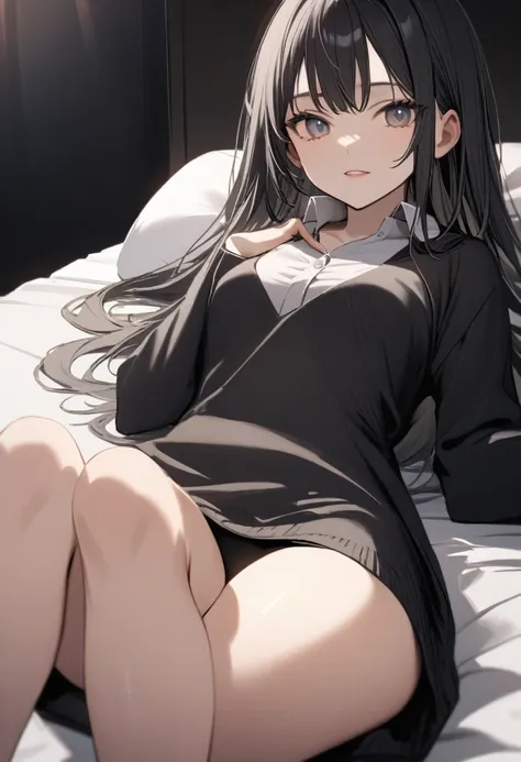 high quality, 最high quality、 Stylish design, (((The cutest girl))), ((Thin legs))、(((最high quality))), High resolution, ((detailed)), ((masterpiece)), ((Super detailed)), 14-year-old girl、Black Hair、Inner Color、((Lying on your back in bed)),((Light clothin...