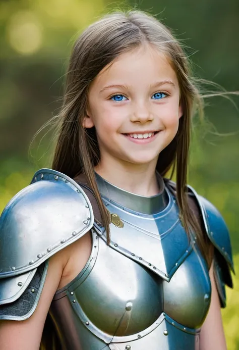 ((high definition)), ((bleached skin)), brunette ((11 years old)) girl, blue eyes, flushed cheeks, straight hair, smiling, naked, dreamy, sexy armor