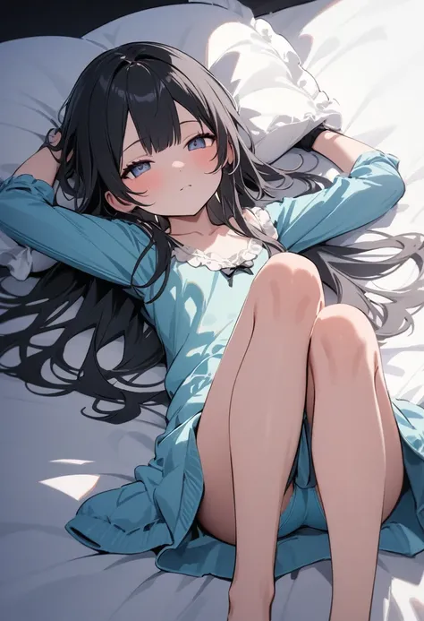 high quality, 最high quality、 Stylish design, (((The cutest girl))), ((Thin legs))、(((最high quality))), High resolution, ((detailed)), ((masterpiece)), ((Super detailed)), 14-year-old girl、Black Hair、Inner Color、((Lying on your back in bed)),((Light clothin...