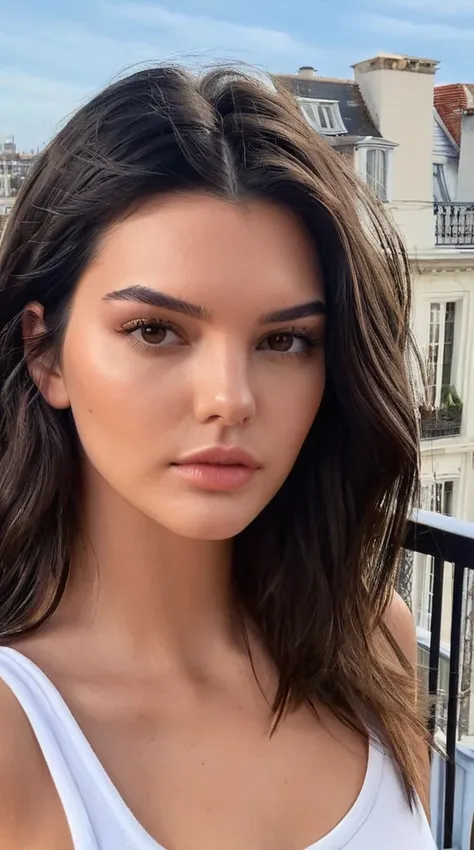 Belle brune, 24 ans, ultra réaliste, ressemble à Kendall Jenner, dans son balcon, visage mignon, Un visage incroyablement beau, Pull surdimensionné, tout le corps, plan large de la photo