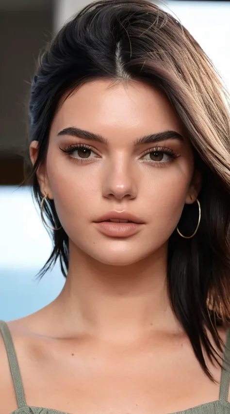 Belle brune, 24 ans, ultra réaliste, ressemble à Kendall Jenner, dans son balcon, visage mignon, Un visage incroyablement beau, Pull surdimensionné, tout le corps, plan large de la photo