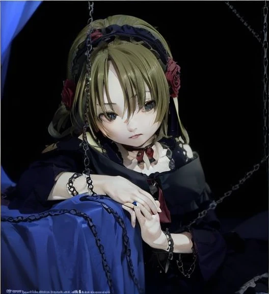 ((Masterpiece)), (Anime: le potrait  cossette), ((best quality)), (RAW photo: 1.2), (Professional Photography:1.2), 8K, from side, wide shot, (12 years old), ((1girl)), Textured skin, cinematic lighting, 1girl, ((Beautiful Gothic Lolita)), cute innocent yo...