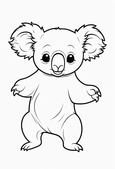 A clean and simple black and white drawing to color, featuring an adorable baby Koala. The Koala jumps animatedly, showing its cheerful spirit. The illustration is designed with bold, thick lines, perfect for children to fill in with color. The overall sty...