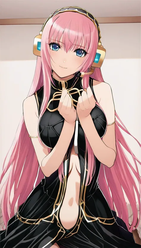 masterpiece,beautiful adult woman ,megurine luka,e cup breasts,pink long hair,blue eyes,headphone,megurine luka&#39;s official c...