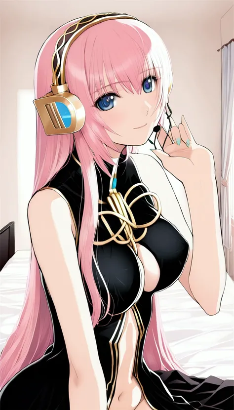 masterpiece,Beautiful adult woman ,Megurine Luka,E cup breasts,Pink long hair,blue eyes,headphone,Megurine Luka&#39;s official costume,Black costume,Gold decoration,smile,front,Bedroom,