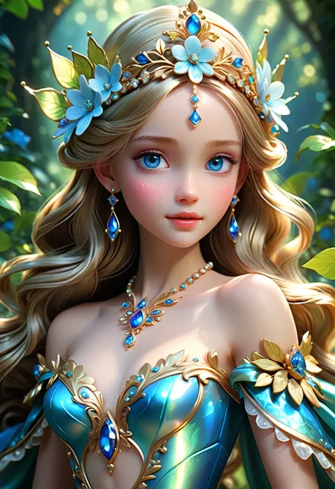 a gorgeous fairy princess of the forest, rococo tiara, perfect blue eyes, detailed iridescent floral pattern skin, 8k render, ultrarealistic, cinematic lighting, artstation, by artgerm