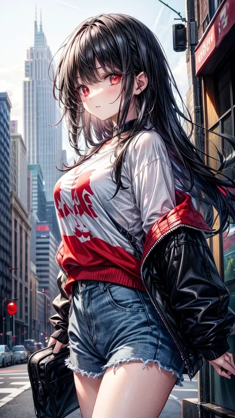 A girl with black hair and red eyes wearing casual clothes 