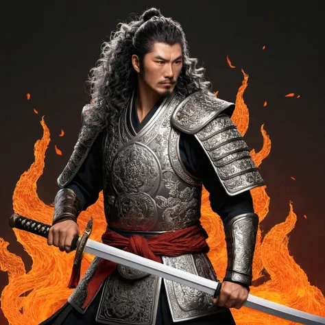 I want to draw a man with curly wolf mullet hairs tyle, With a touch like an old samurai。Surrounded by flames、Flames covered mainly with human parts。I have a sword in my hand。