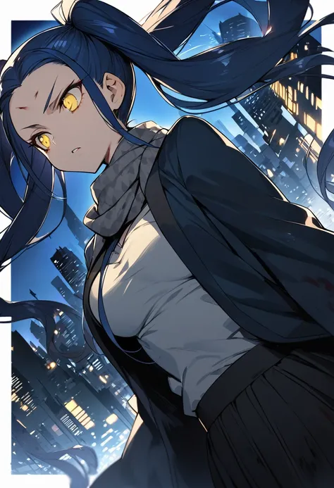 (One very tall woman,Navy Blue Hair,Her hairstyle is twin tails that expose her forehead.,yellow eyes,Medium Bust, Dynamic Angle,Bloody all over the body)Black haori,Black Hakama,Wear a grey scarf around your neck,The background is a night city,Intimidatio...