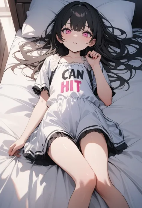 high quality, 最high quality、 Stylish design, (((The cutest girl))), ((Thin legs))、(((最high quality))), High resolution, ((detailed)), ((masterpiece)), ((Super detailed)), 14-year-old girl、Black Hair、Inner Color、((Lying on your back in bed),underwear,I can ...