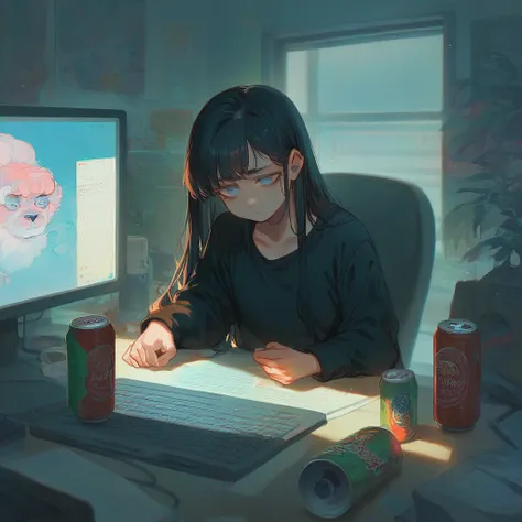 1woman, Black sweatshirt , sitting in front of the computer, tired expression, Monster drink cans around the table,Psychedelic colors, perfect anatomy, perspective,Black hair,long hair , Light blue eyes, fluffy hair,Room a little messy and a little dark 