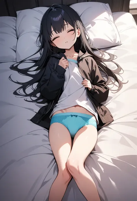 high quality, 最high quality、 Stylish design, (((The cutest girl))), ((Thin legs))、(((最high quality))), High resolution, ((detailed)), ((masterpiece)), ((Super detailed)), 14-year-old girl、Black Hair、Inner Color、((Lying on your back in bed)),((Light clothin...