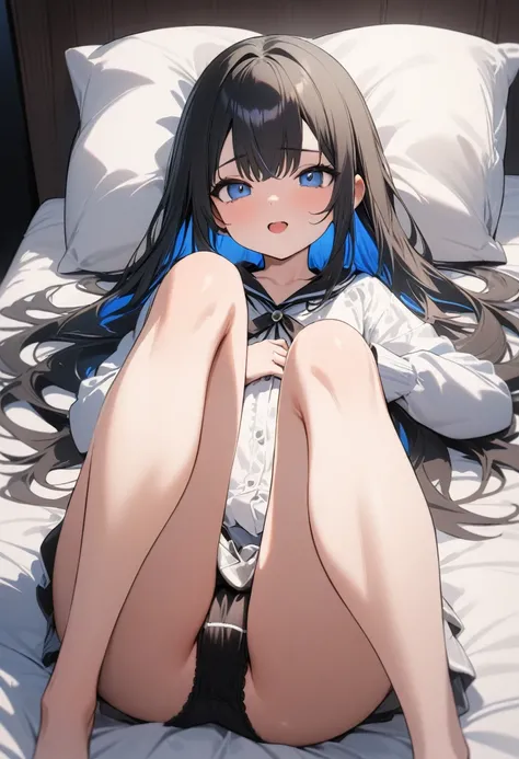 high quality, 最high quality、 Stylish design, (((The cutest girl))), ((Thin legs))、(((最high quality))), High resolution, ((detailed)), ((masterpiece)), ((Super detailed)), 14-year-old girl、Black Hair、Inner Color、((Lying on your back in bed),underwear,I can ...